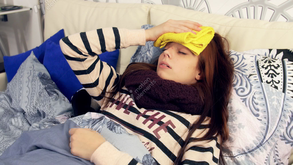 Sick Woman With Wet Towel On Forehead. Compress Stock video footage