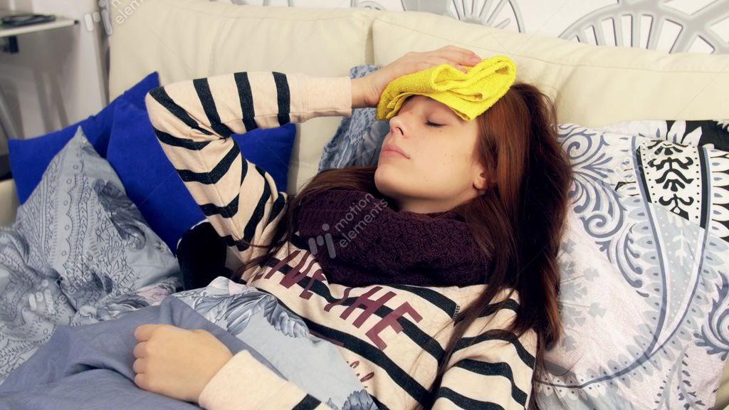 Sick Woman With Wet Towel On Forehead. Compress Stock video footage