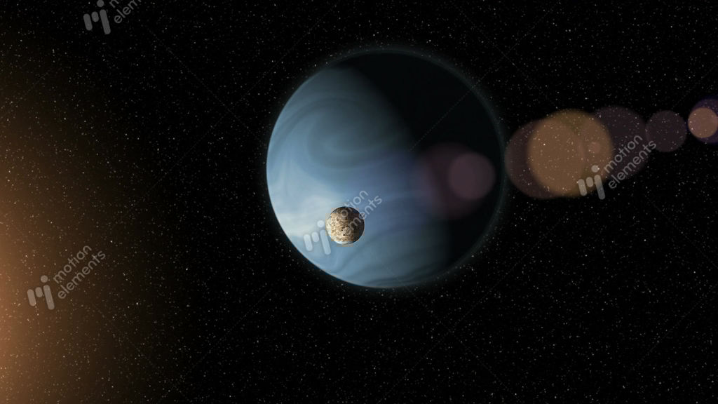 Large Blue Gas Giant And A Moon Orbiting Close To A Red Star