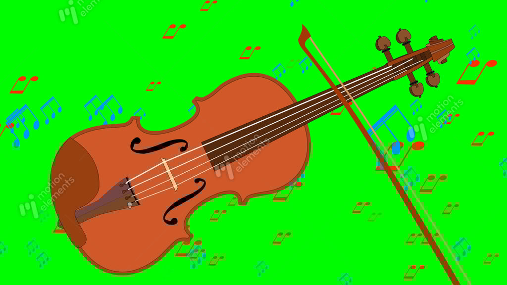 Animated Violin And Flying Music Notes On Green Screen. Musical