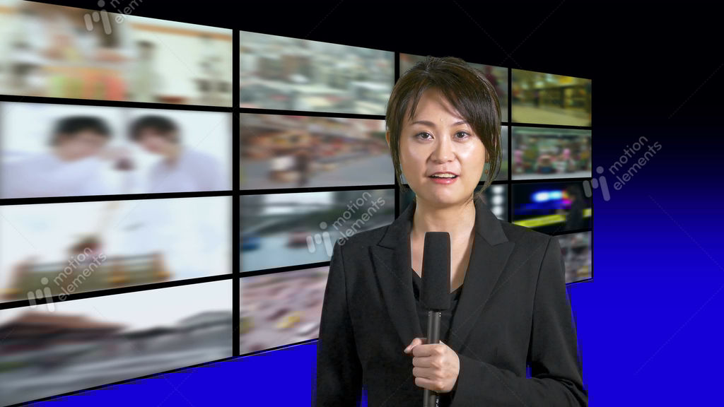 Cheerful Asian Chinese News Presenter With Grid Of TVs Stock video