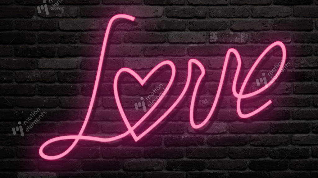 Neon Light Glow At Dark Brick Background Love Word With Stock Neon Light Glow At Dark Brick Background Love Word With Stock