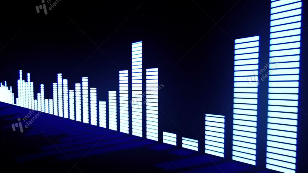 Music Control Levels. Glow Blue Audio Equalizer Bars Moving With The Reflection Stock Animation